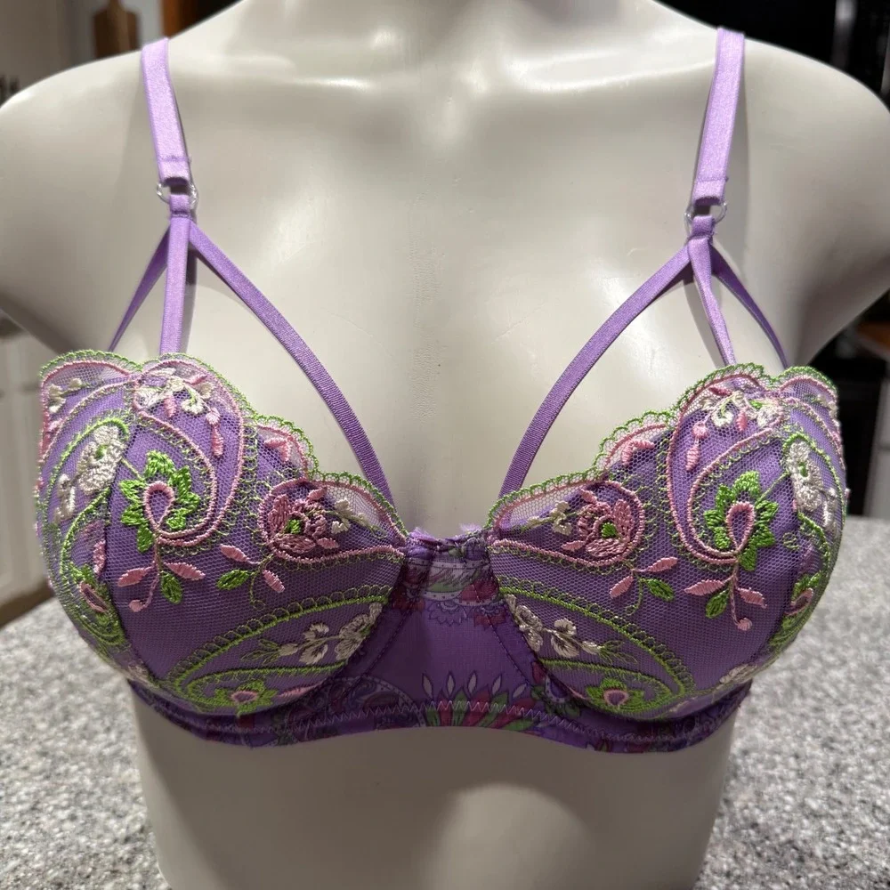 Savage X Fenty Purple Paisley Floral Embroidered Balconette Bra 34C NWT